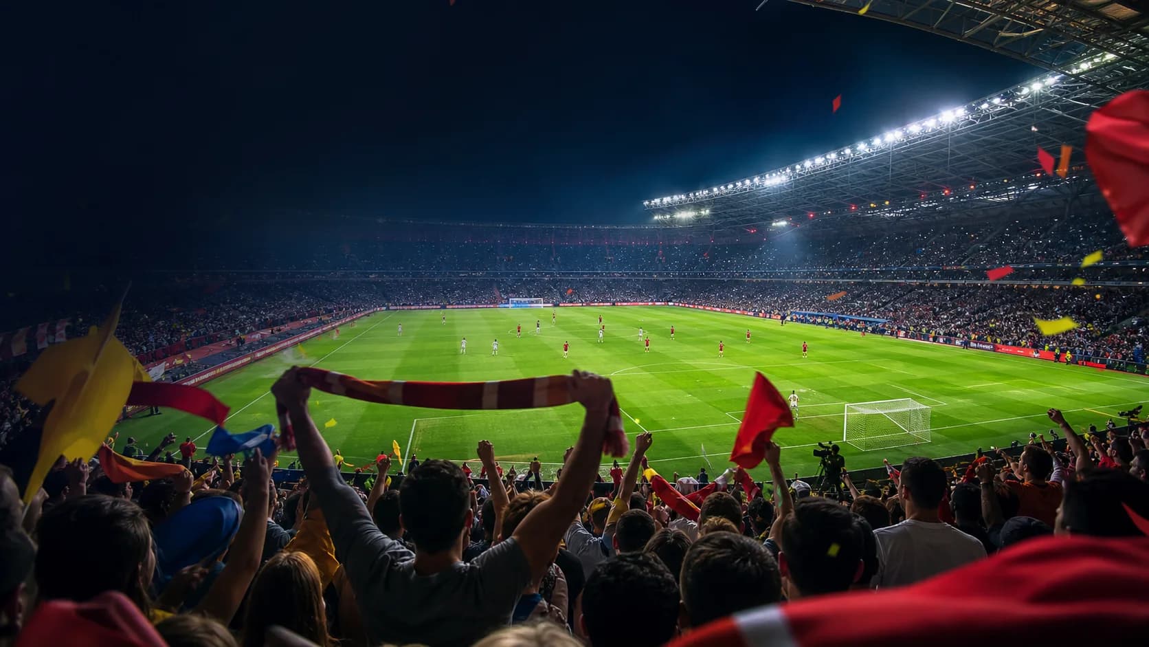 Football stadium filled with fans watching a live tournament match